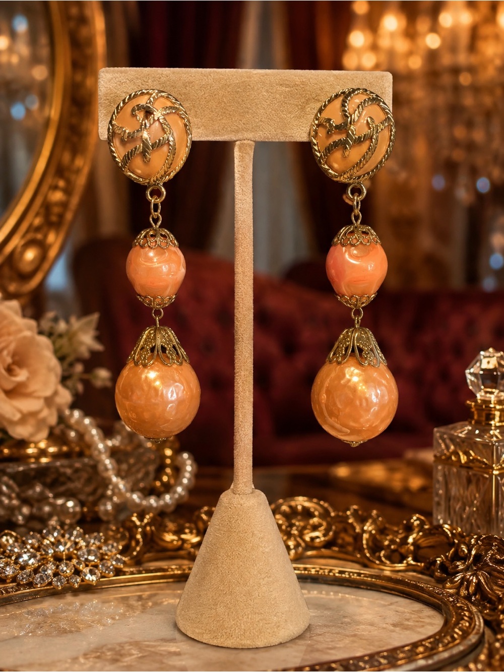 Gold-Tone Peach Drop Statement Earrings